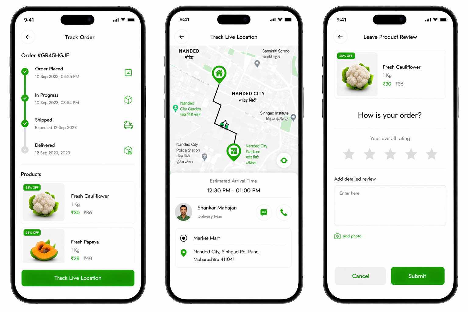 Grocery App — Track Order, Live Location & Reviews