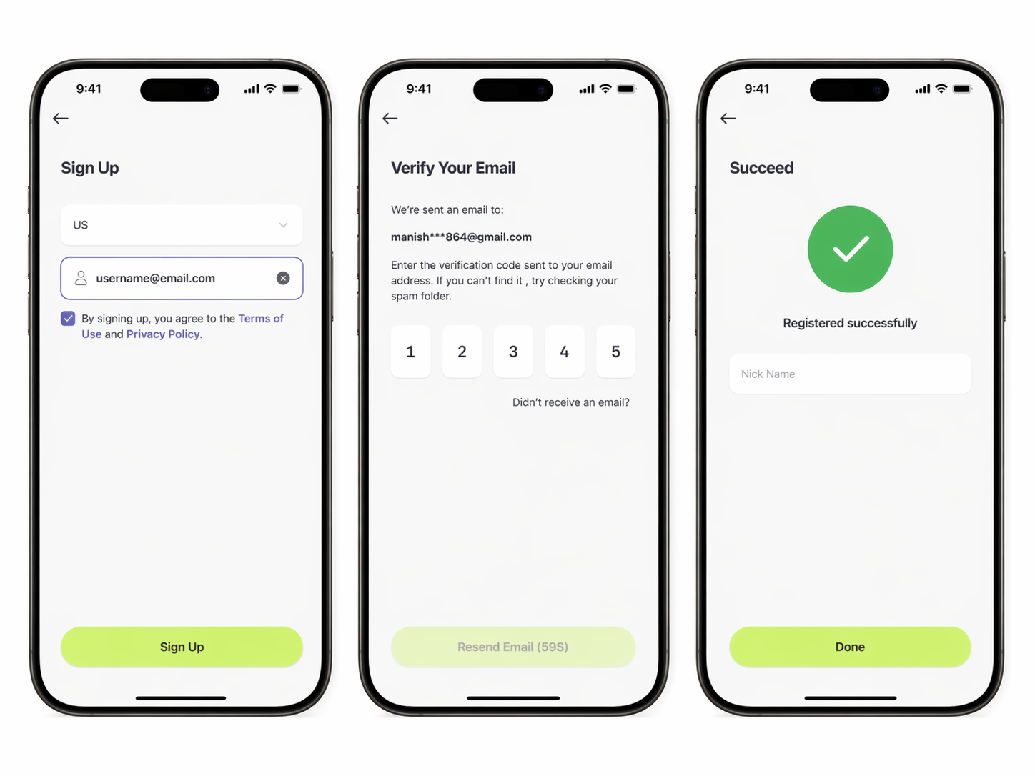 Onboarding — Sign Up, Verify & Success